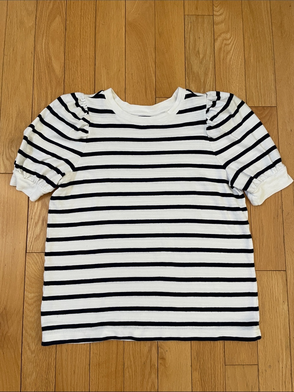 LOFT Navy and White Striped Puff-Sleeve Thick Knit Top